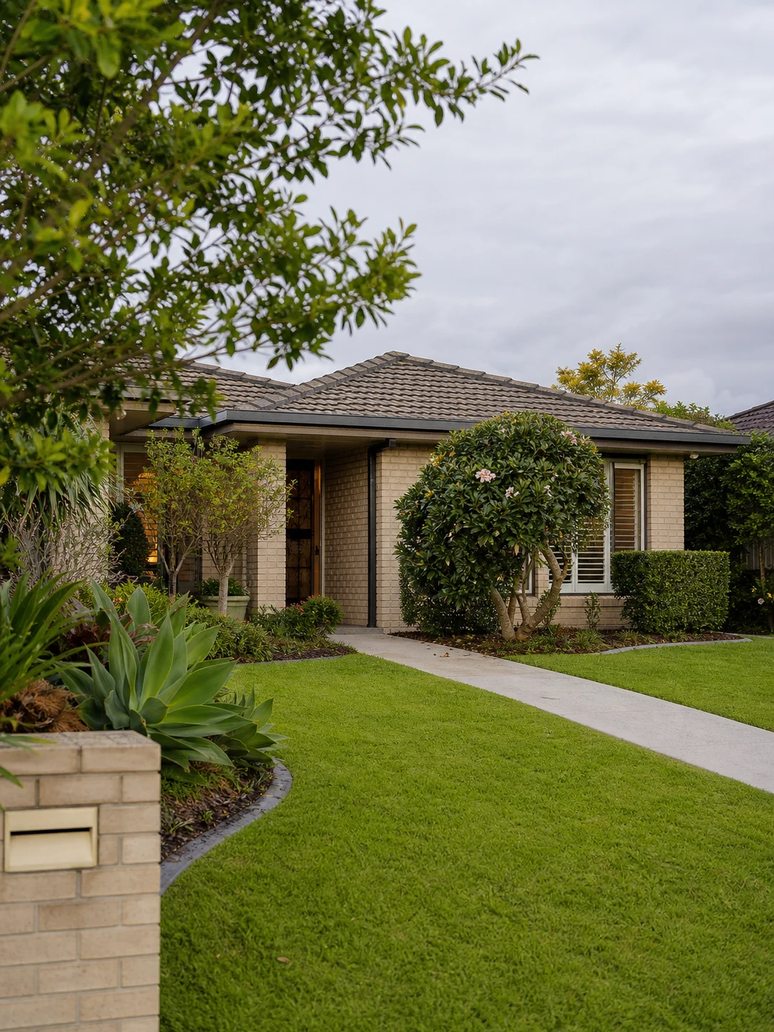 Well-maintained Brisbane home with a tidy lawn and subtropical front garden