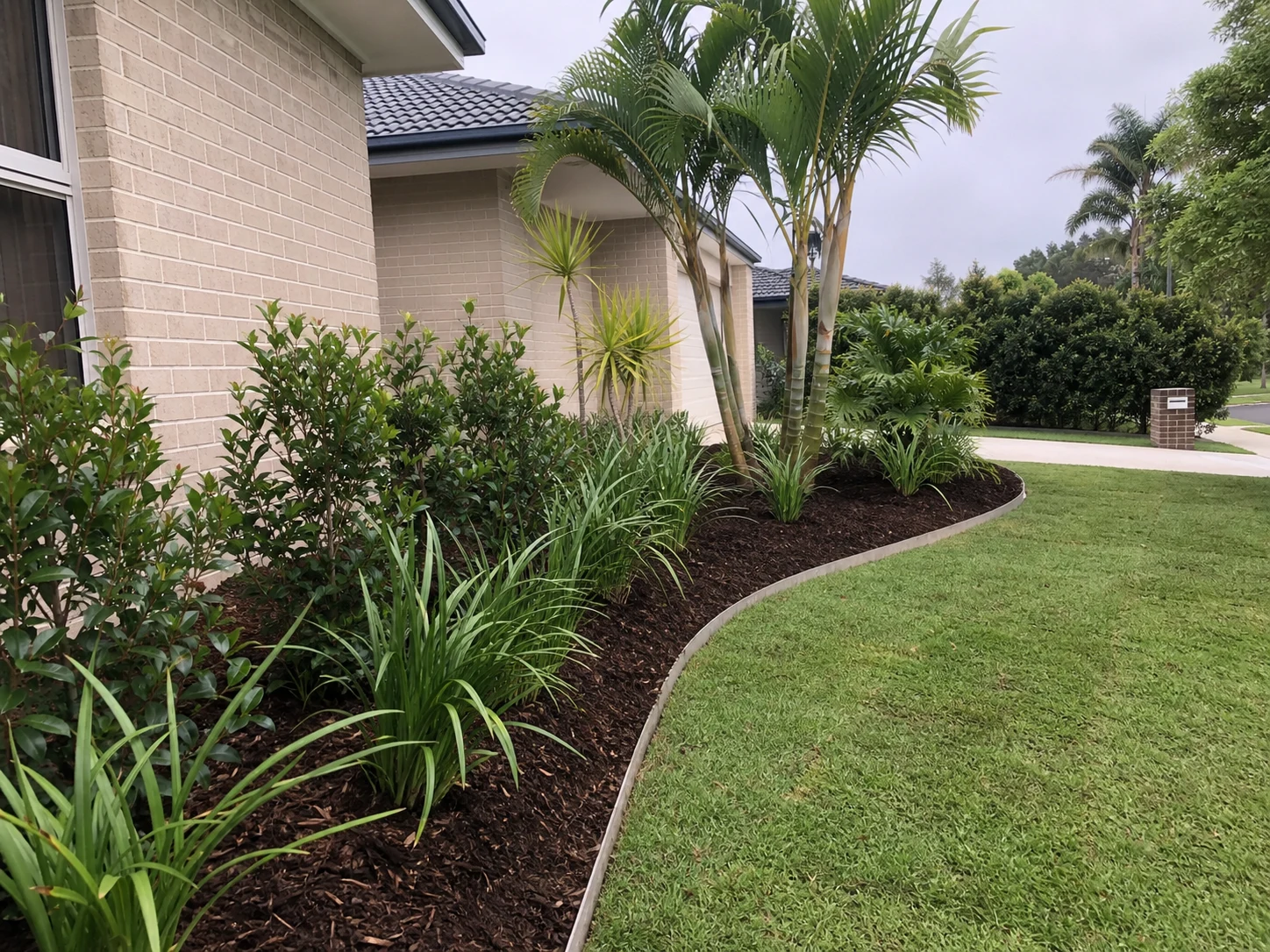Freshly mulched subtropical garden bed with clean edging