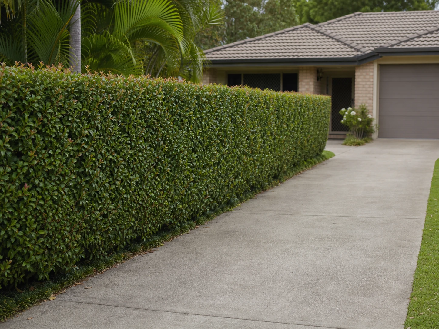 Straight trimmed hedge beside a suburban Brisbane driveway