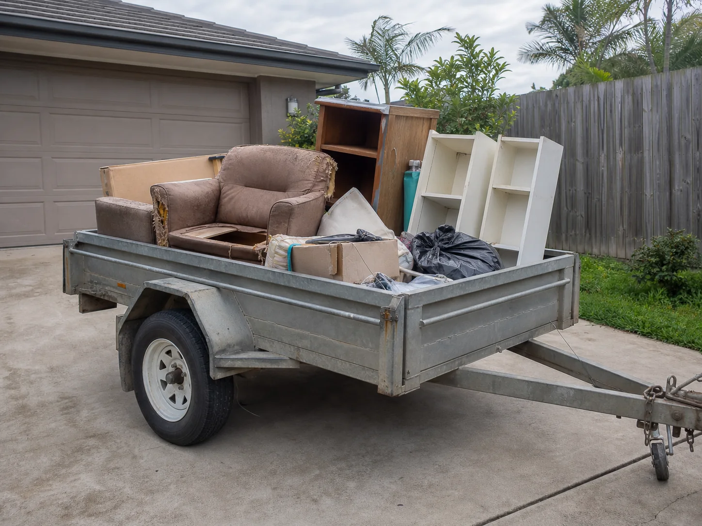 Utility trailer loaded with broken furniture and household rubbish outside a Brisbane home